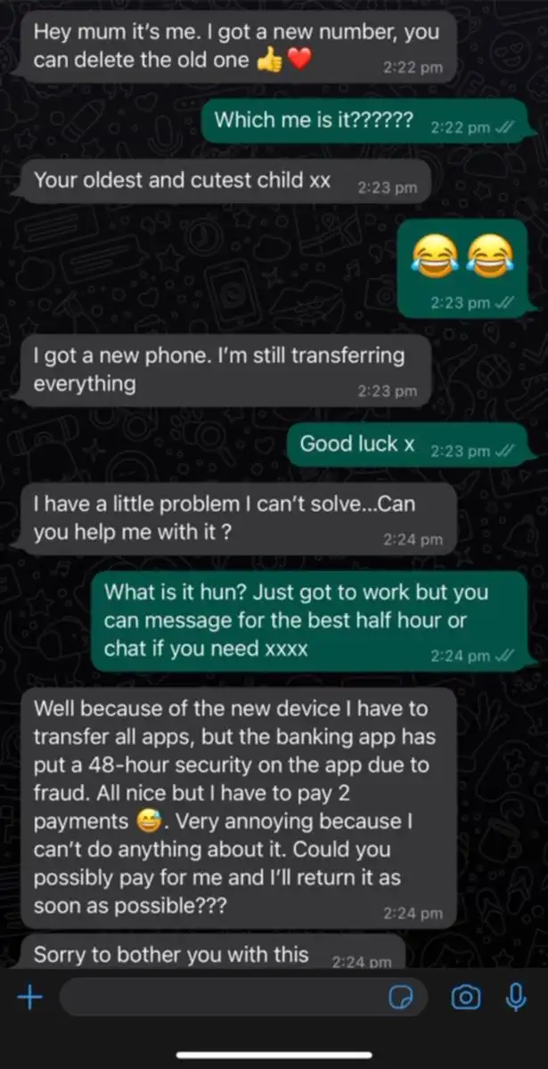 mum and dad fake text scam